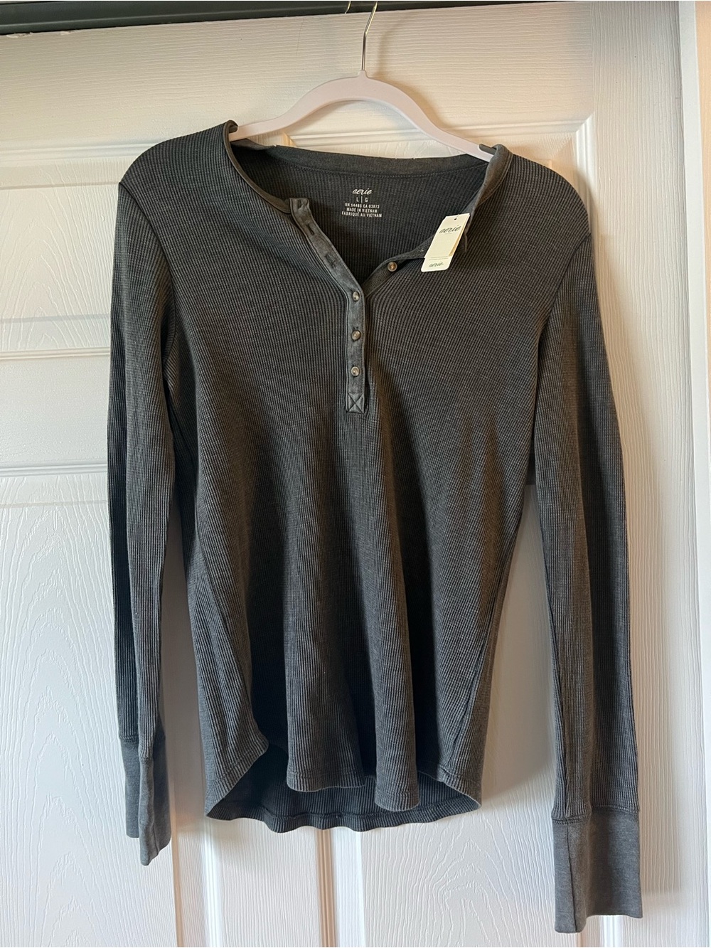 Aerie Long-Sleeve Henley Thermal Top — Charcoal Gray